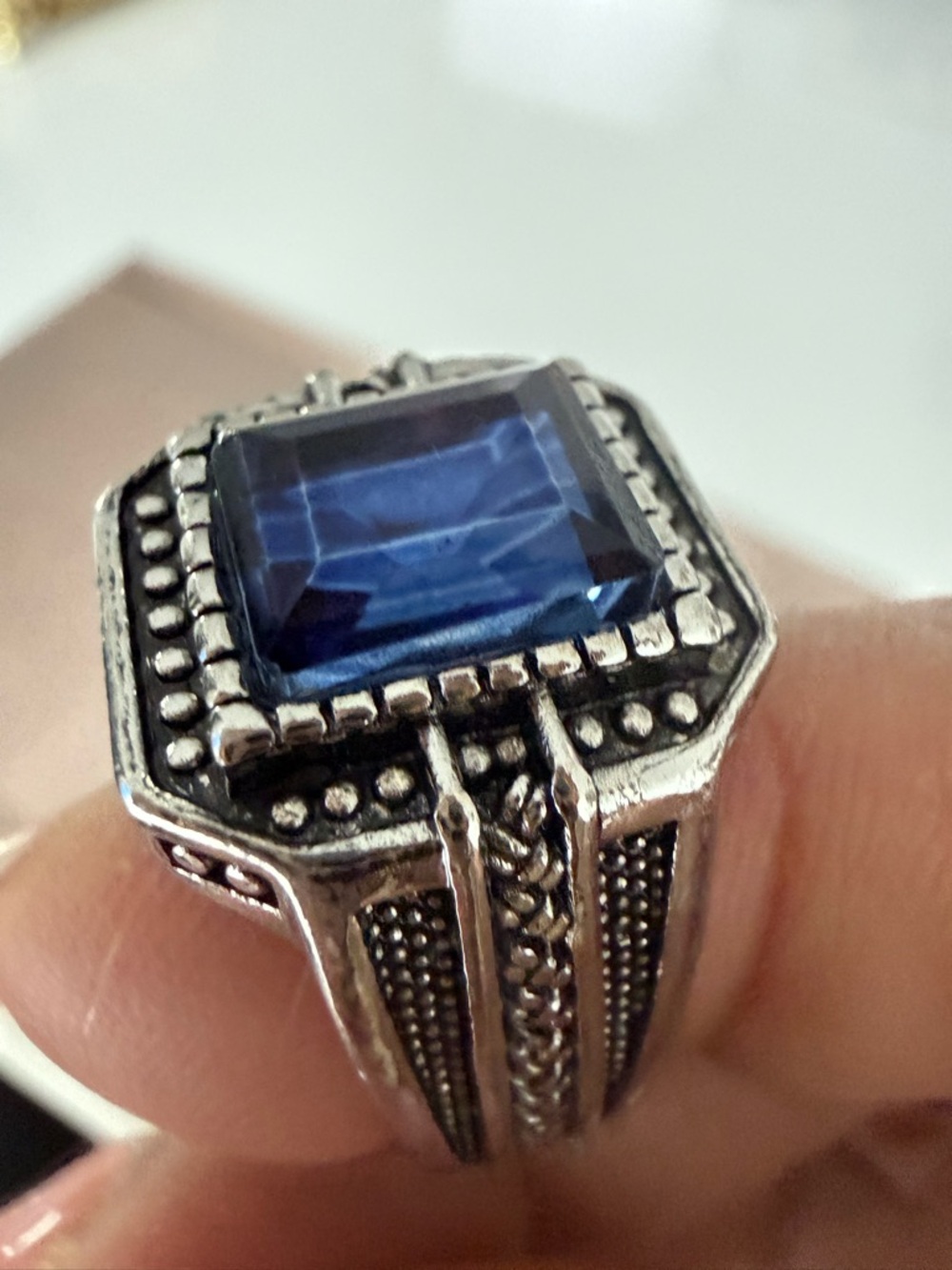 Men's Silver-Tone Blue Stone Statement Ring